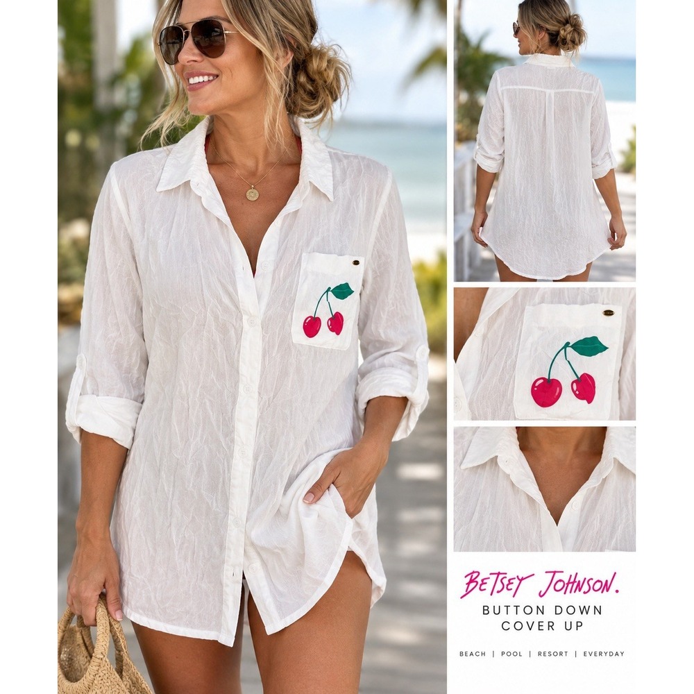 Betsey Johnson Cover Up Women L White Button Down Cherry NWT $98 Beach Swim